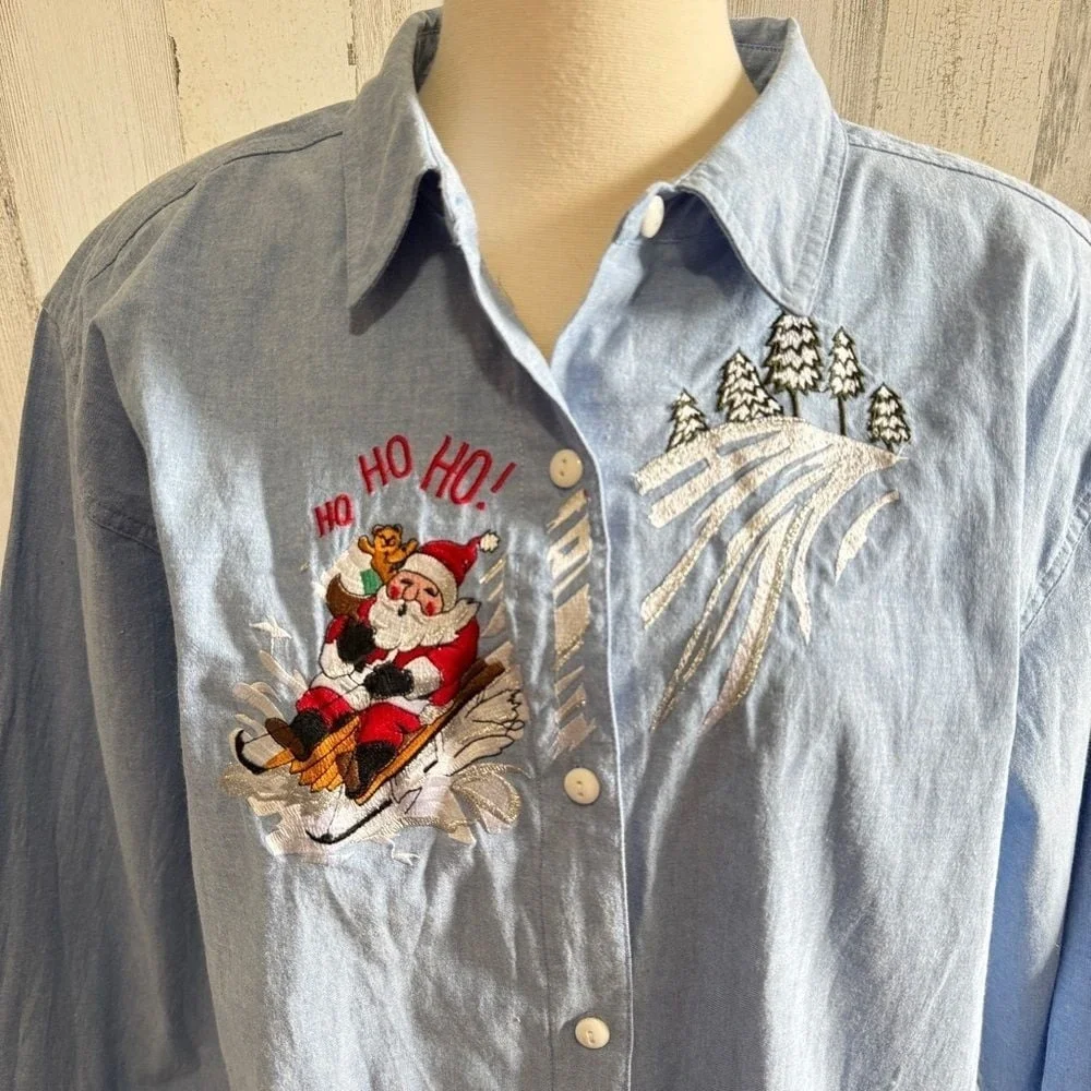 Vintage Santa Button-Up Shirt 18W HO‎ HO HO on shoulder Christmas